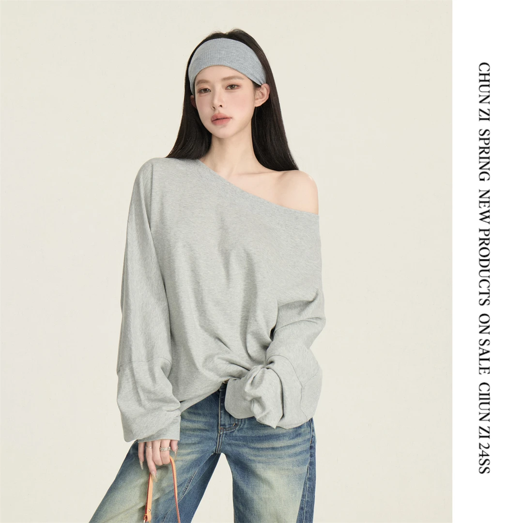 【CHUN ZI】宽松斜肩卫衣女春套头美式中长款休闲正肩长袖上衣