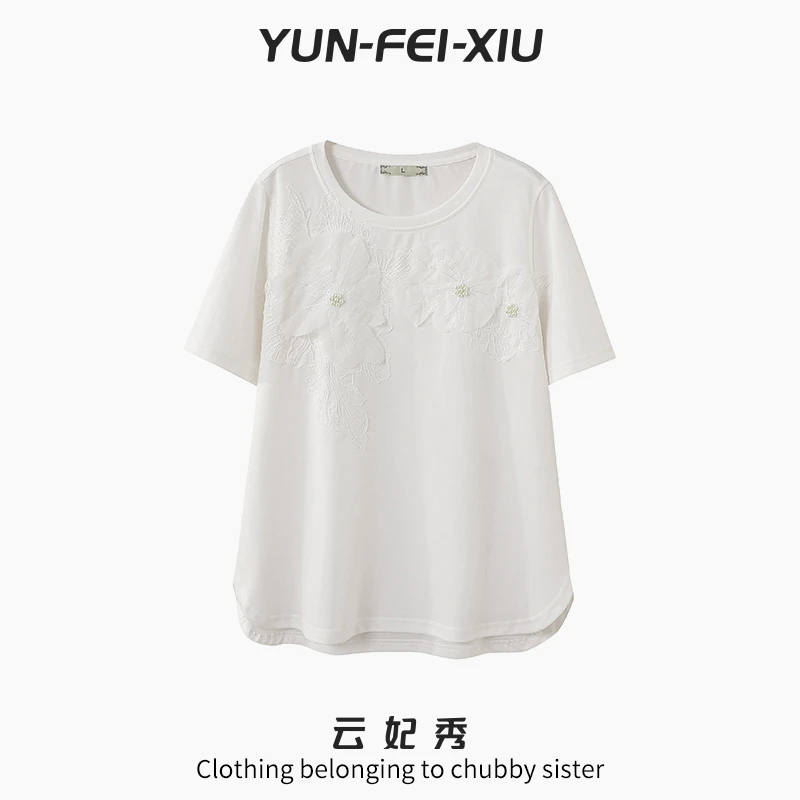 云妃秀大码女装T恤百搭时尚圆领气质胖妹妹韩版显瘦宽松夏季87098