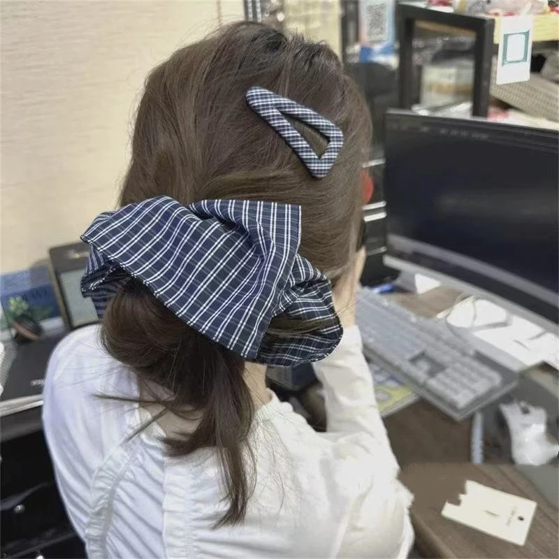 韩版藏蓝色复古格纹发夹侧边夹甜美小众格子布艺发圈方形大肠圈女