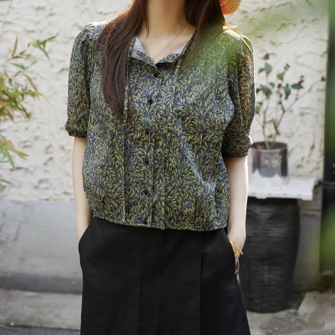 小和 棉弹印花细布短袖衬衫 夏季新款女装上衣00930