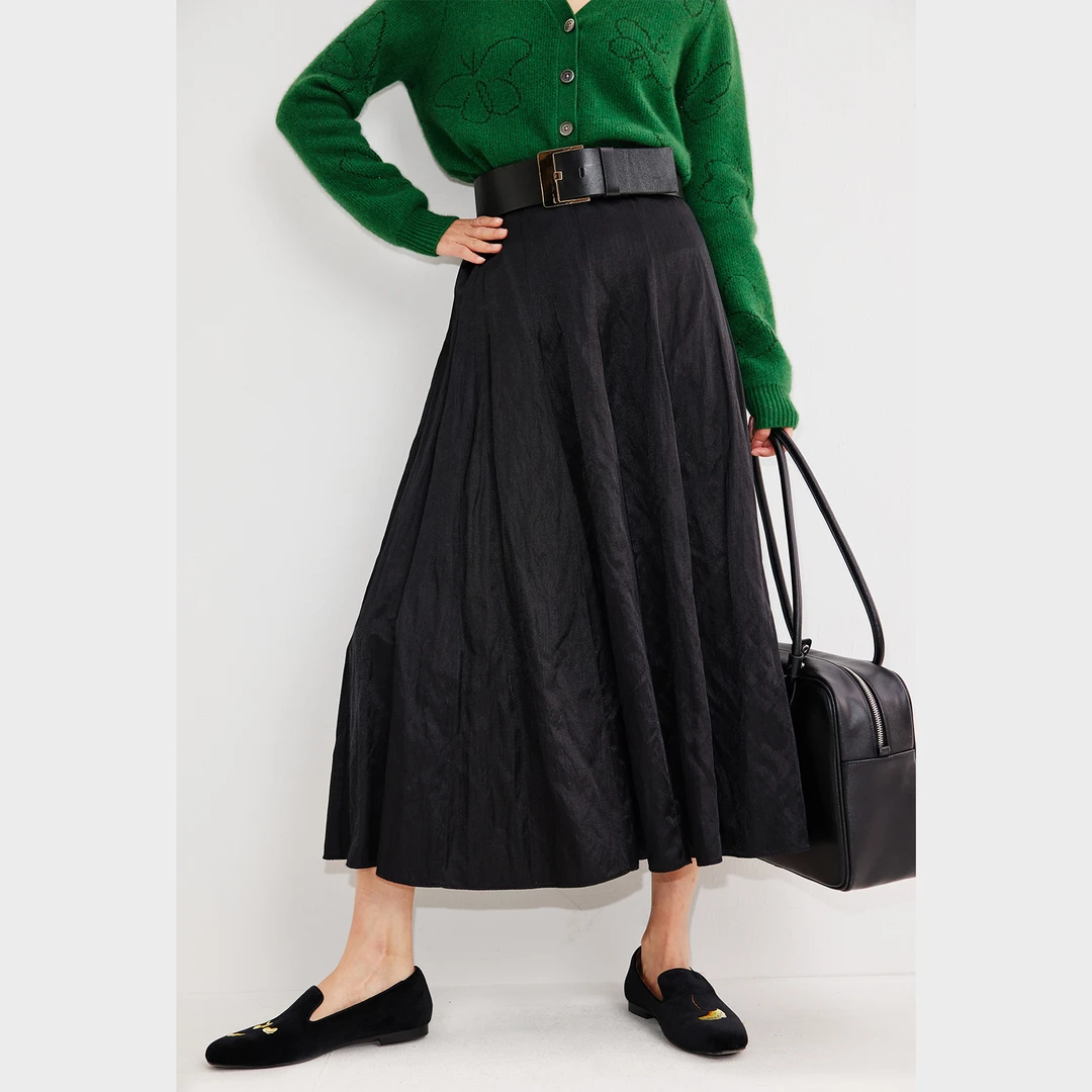 小虫色丁布面束腰显瘦自然褶皱花瓣状中长款半身裙TE2XBQ035