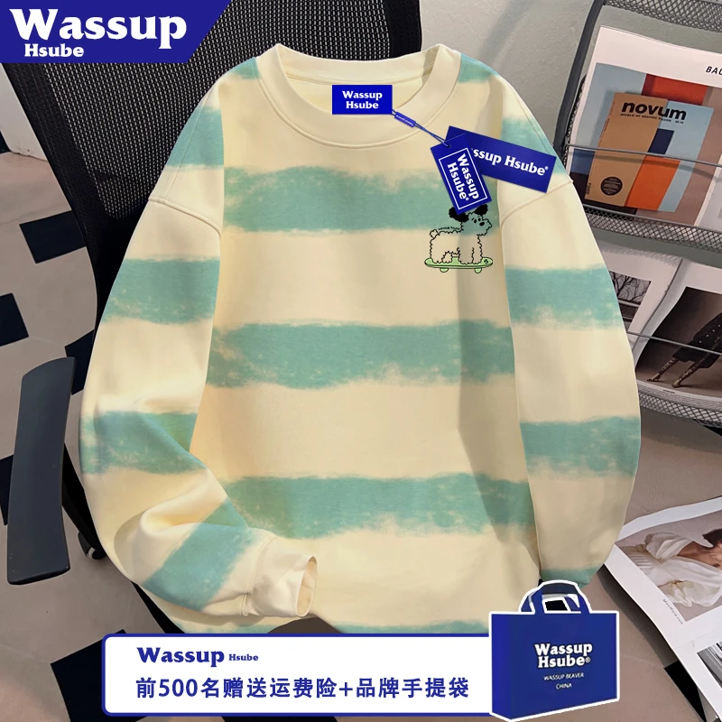 WASSUP HSUBE滑板小狗印花T恤秋100%纯棉长袖男女条纹T恤中性上衣
