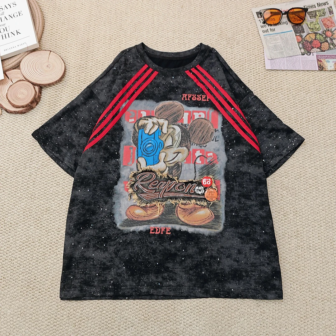 2025夏季新款星空条纹字母卡通印花短袖T恤2120