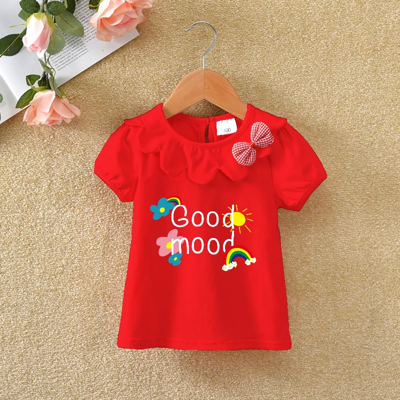 女童短袖T恤2夏季新款透气花边娃娃领可爱儿童短袖女宝宝上衣