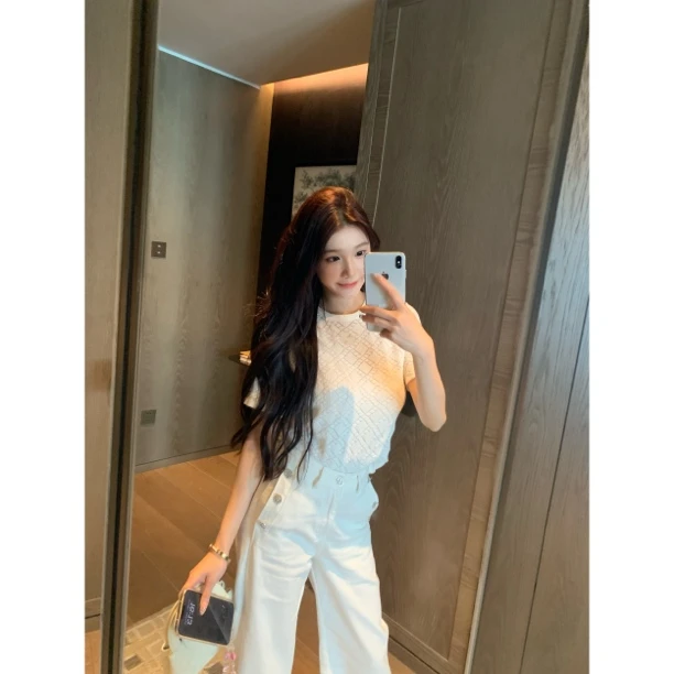 【Meng服饰】小香香天丝高级感镂空薄款针织短袖女+气质裤子