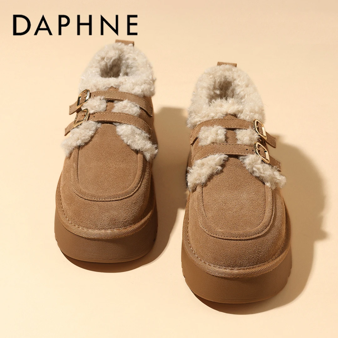 达芙妮2024冬季新款真皮雪地靴厚底加绒加厚棉鞋女外穿防滑毛毛鞋