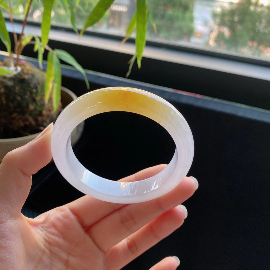 好色珠宝  圈口55缅甸老坑A货糯冰种黄翡正圈女款翡翠手镯