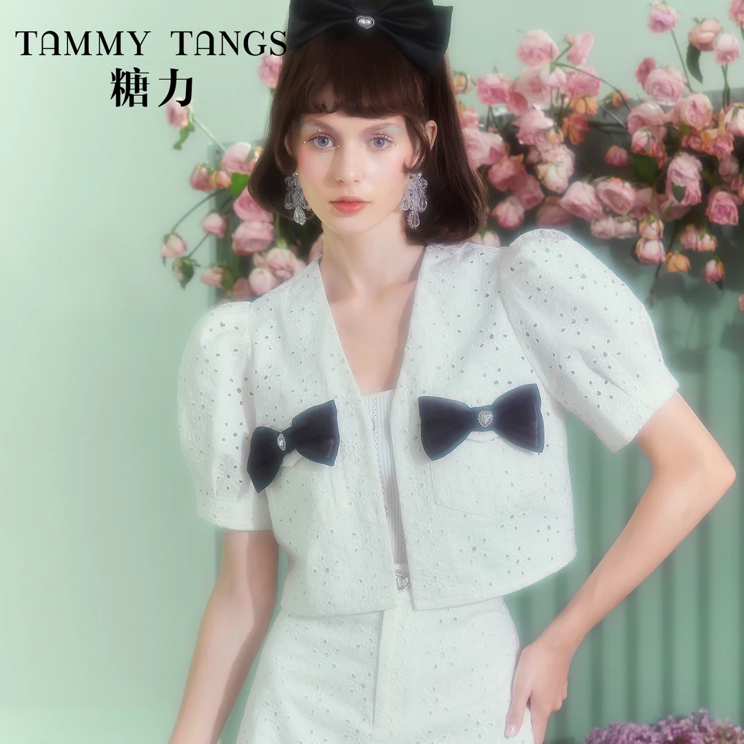 【商场同款】糖力短袖撞色蝴蝶结镂空绣花短款上衣外搭开衫