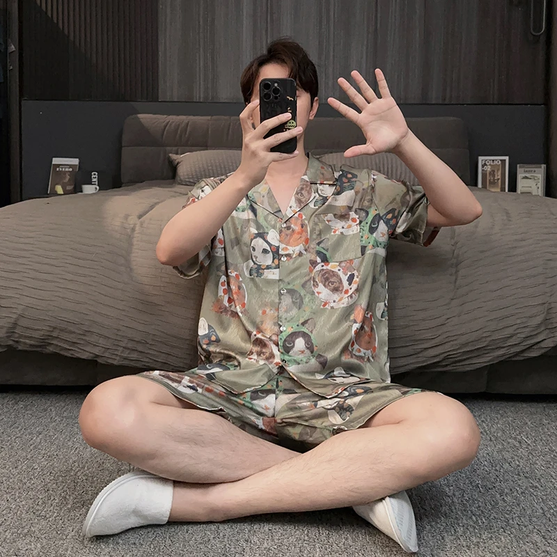 凉感冰丝睡衣男夏季薄款可外穿青少年学生大码家居服夏天休闲套装