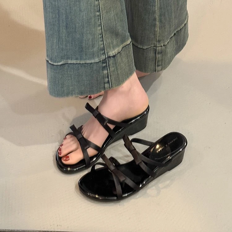 坡跟温柔晚风蝴蝶结拖鞋2025夏季新款法式气质优雅设计仙女风凉拖