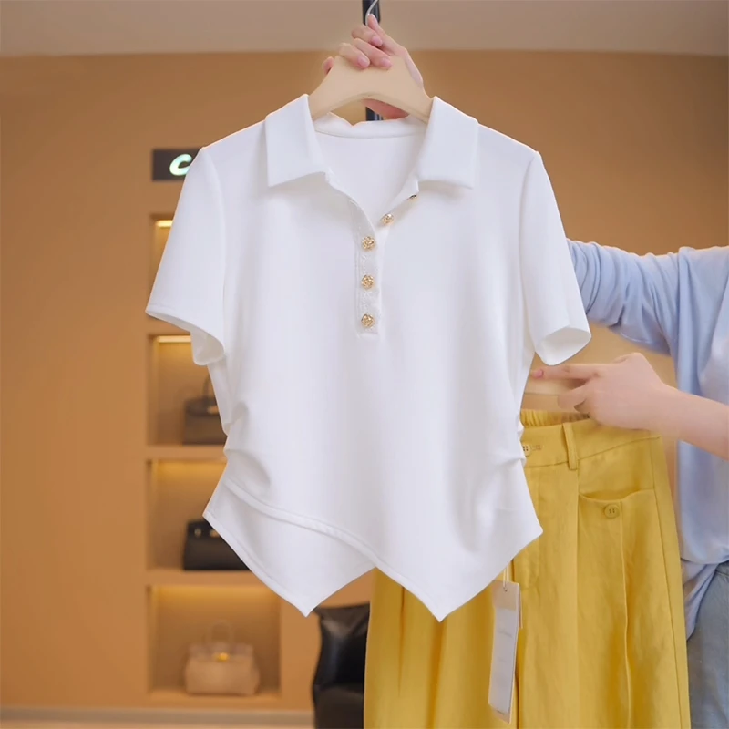 大码女装白色POLO领短袖T恤女2025夏季胖mm修身显瘦遮肉小衫上衣
