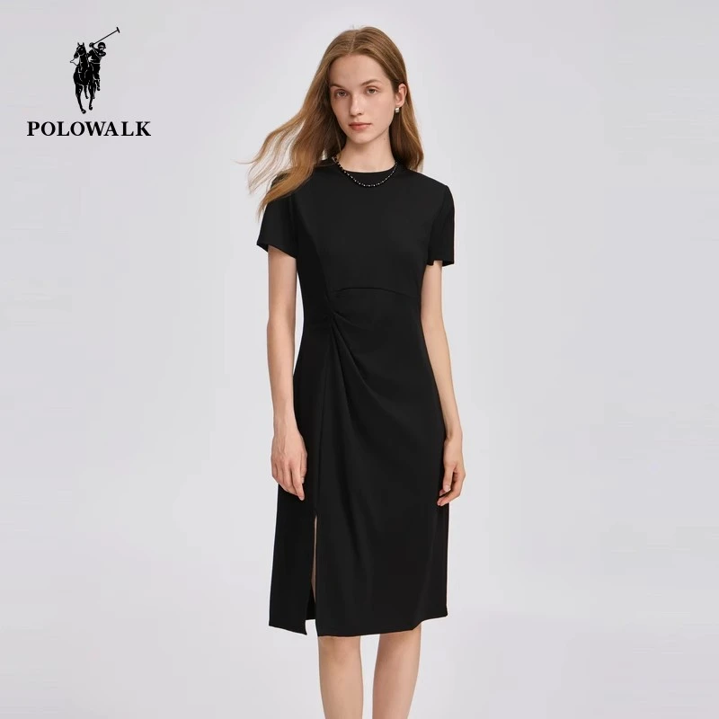 POLOWALK女装2025夏季新品女式短袖连衣裙气质简约黑色显瘦针织裙