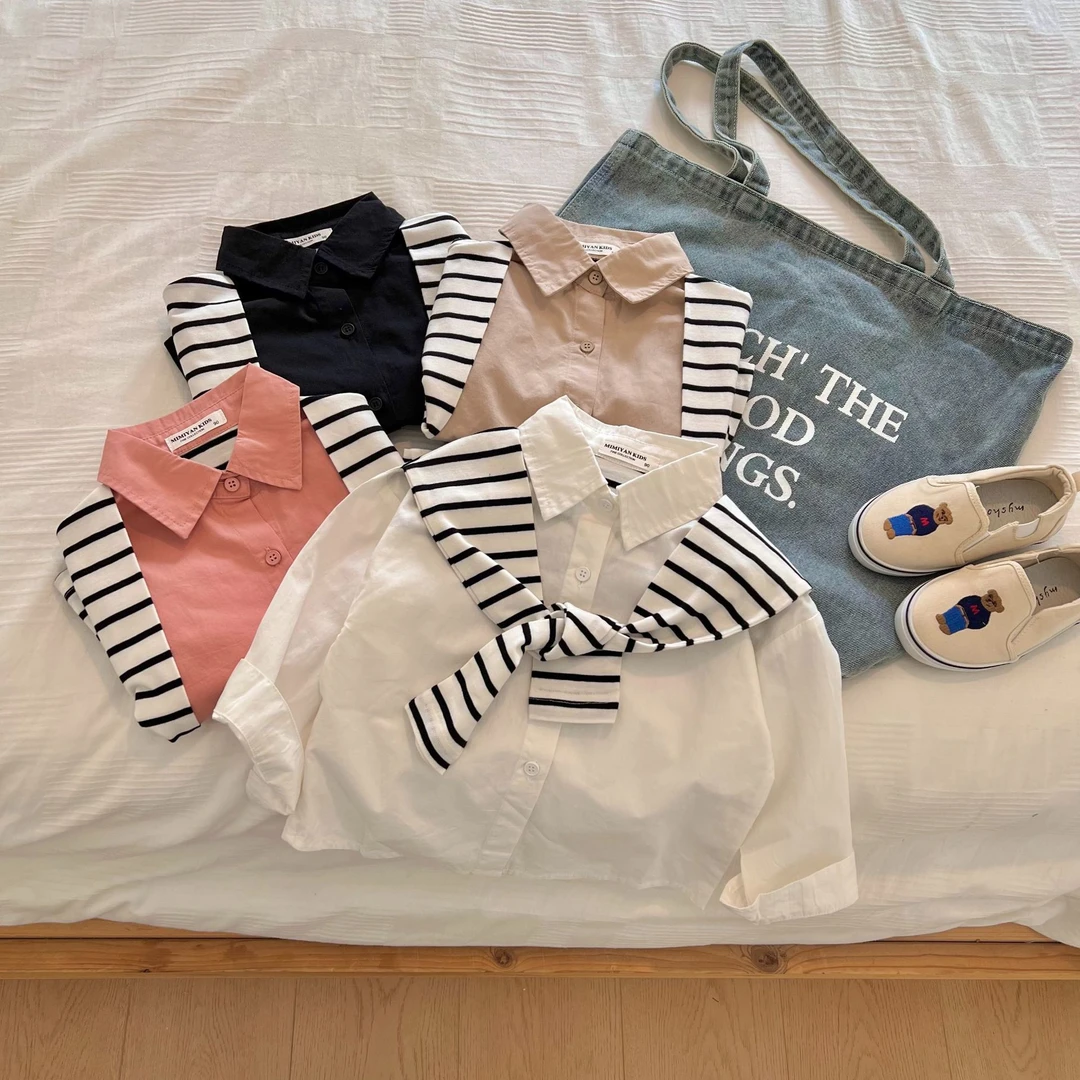 童装儿童衬衫2025秋新款假两件男女童纯色披肩衬衣宝宝个性潮外套