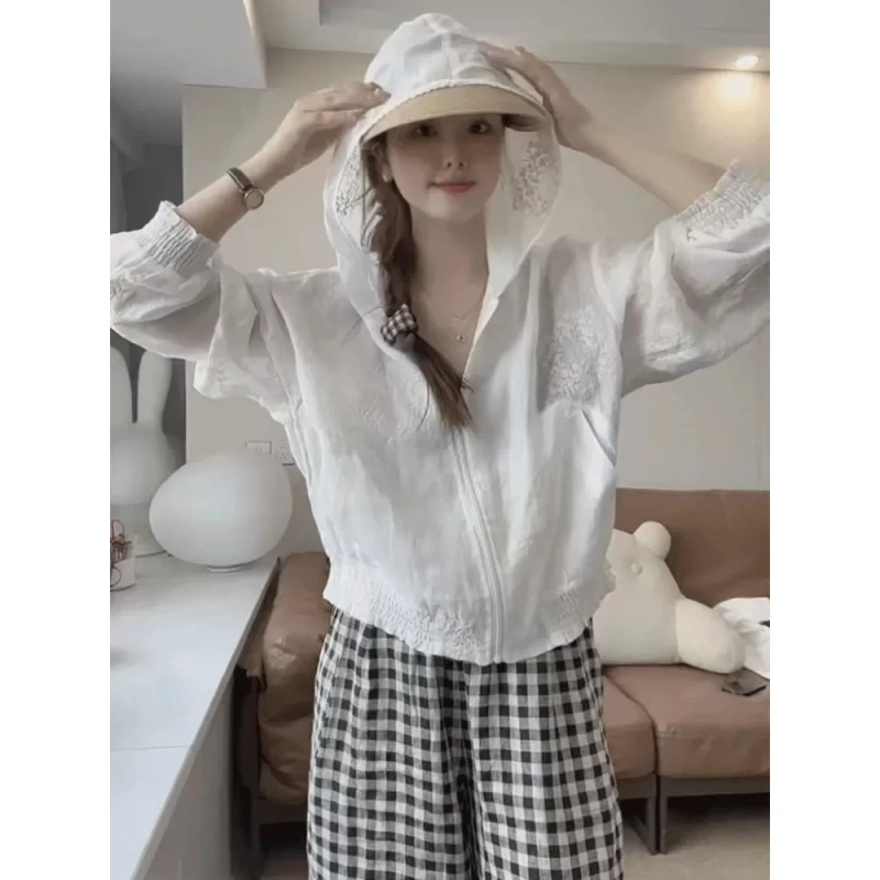 薄款透气苎麻长袖防晒衣外套女夏季新款小个子休闲刺绣提花上衣潮