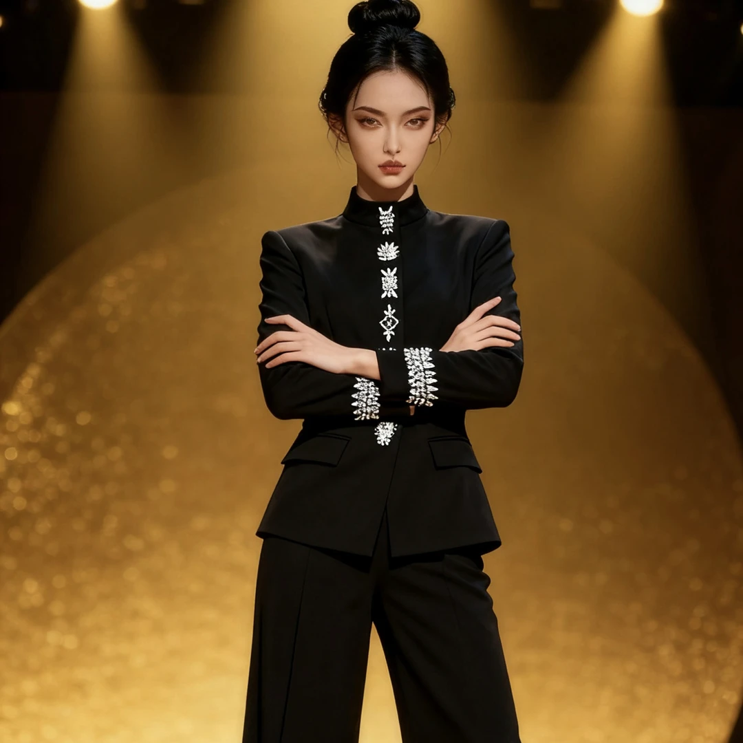 现货 2025早秋新款欧美明星时尚钉珠镶钻立领夹克外套 长裤套装
