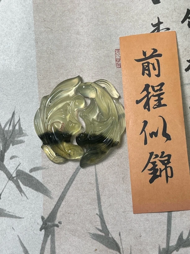 玉佩纯天然岫玉冰料对鱼水墨，鱼，，好事连连成双尺寸一对高45mm