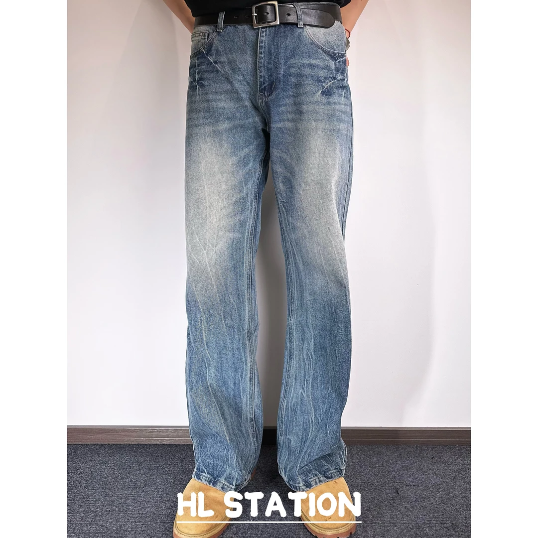 HLSTATION美式复古潮流街头中性直筒宽松男式牛仔长裤蓝色