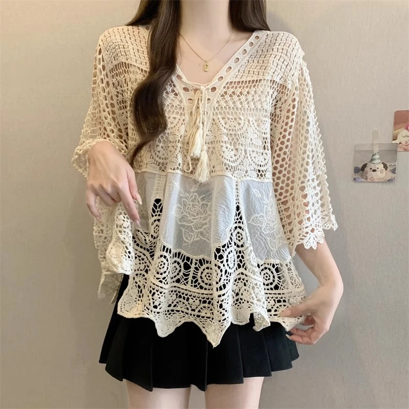 七分袖V领衬衫女早春2025大码胖mm高级蕾丝钩花镂空上衣外搭罩衫