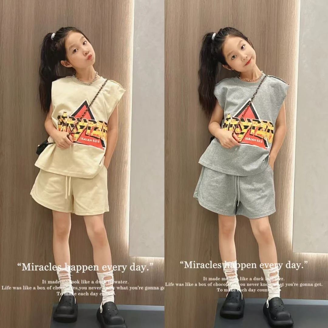 休闲运动套装女童2025新款夏季印花灰色背心上衣短裤两件套女孩子