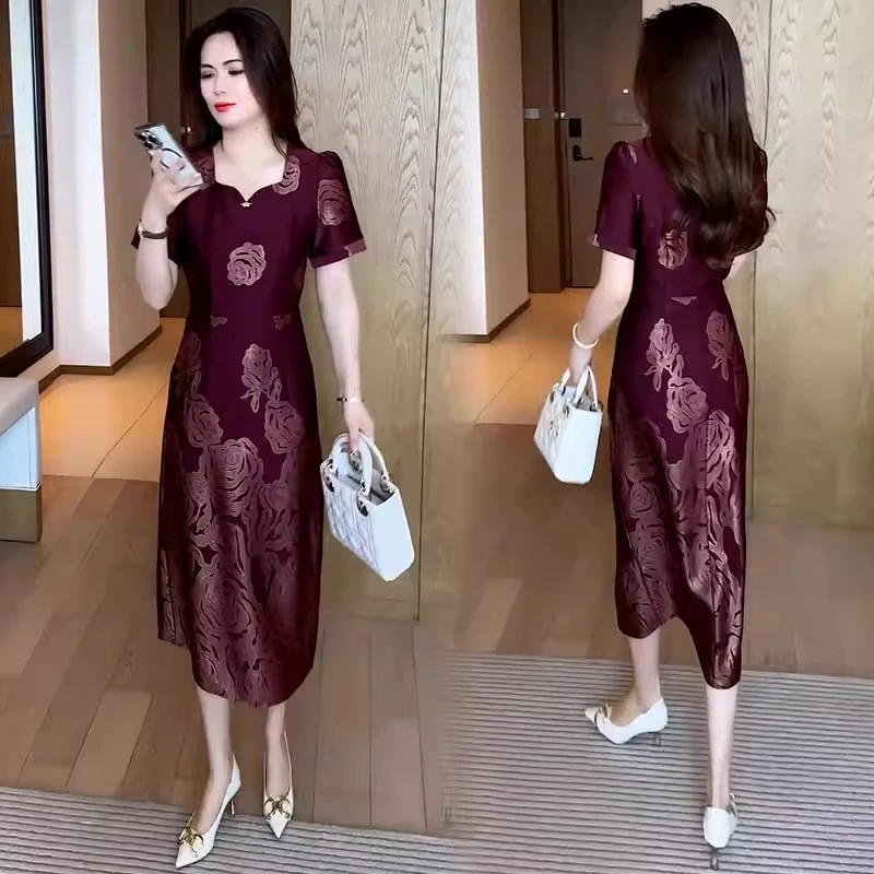 时尚连衣裙女2025夏季新款洋气收腰显瘦设计感减龄印花中长款裙子