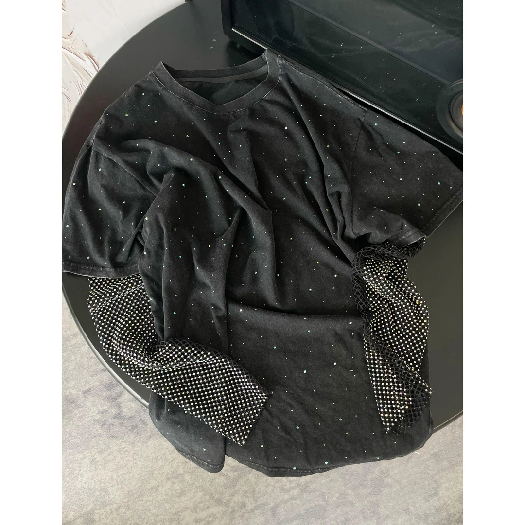 《An ni》【巴家】夏季新品轻薄宽松烫钻镂空拼接长袖圆领T恤Ani-B850