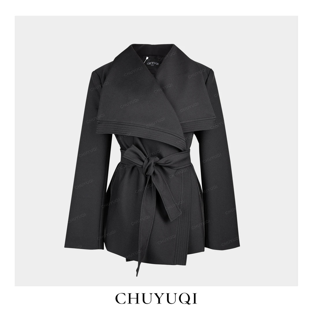 除于七 戛纳之夜 黑色大翻领短款外套西装风衣小众设计感秋季