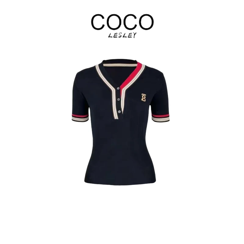 【COCO LESLEY】轻奢重工刺绣毛衣撞色彩领针织衫套头冰丝衫