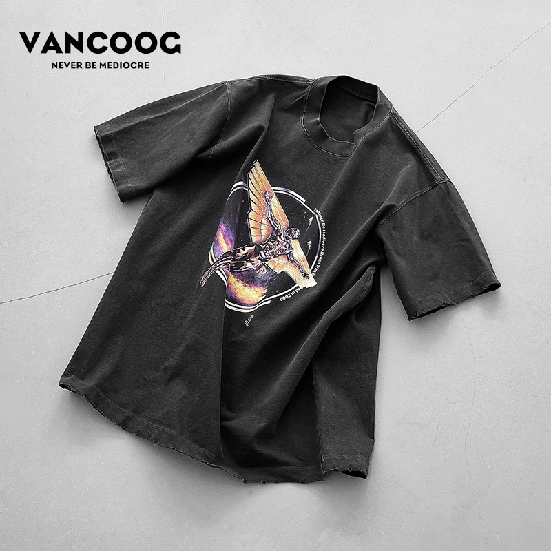 VANCOOG25美潮纯棉350克宽松做旧破洞直喷印花大码圆领短袖T恤男