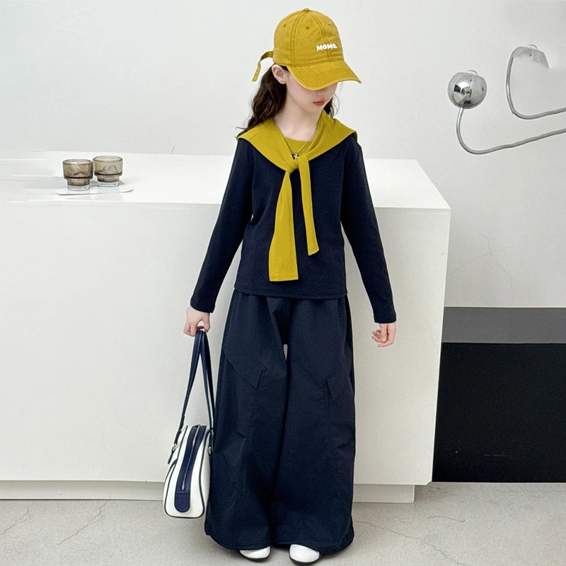 工装裤女童秋装2025新款儿童披肩上衣女孩大童春秋季休闲阔腿裤子