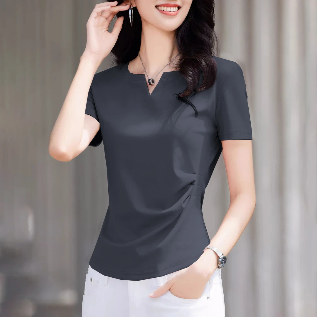 纯棉短袖小v领正肩t恤衫收腰遮肚子上衣夏季胖mm显瘦宽松大码女装