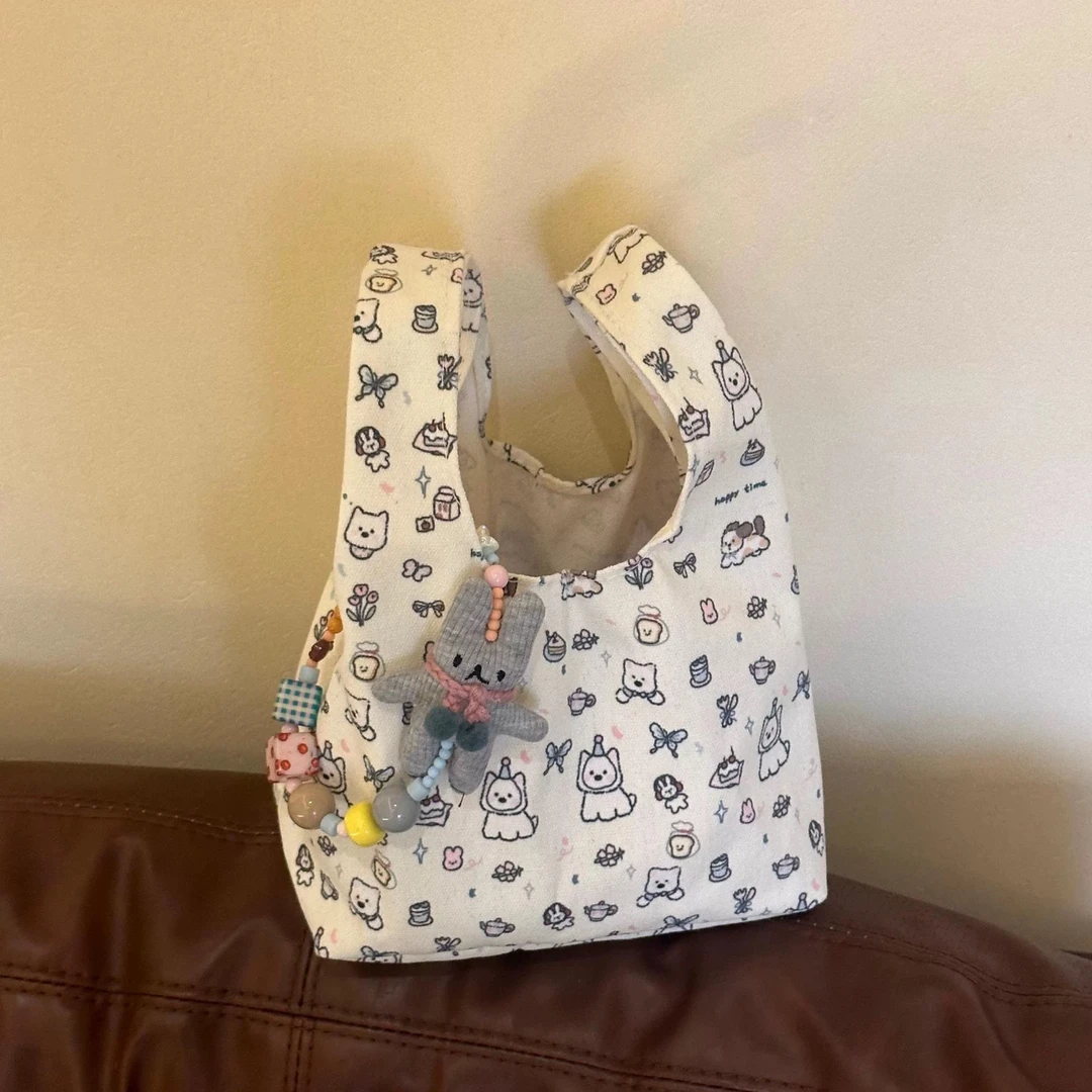 卡通小狗印花手提包便携百搭帆布包便当包大容量上班包包女款通勤
