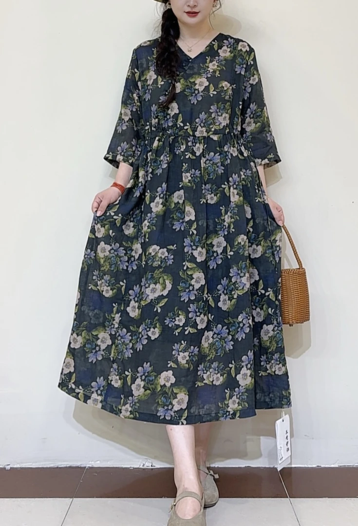 【芬芳花韵】西缺初夏印花纯苎麻v领斜襟文艺优雅复古连衣裙