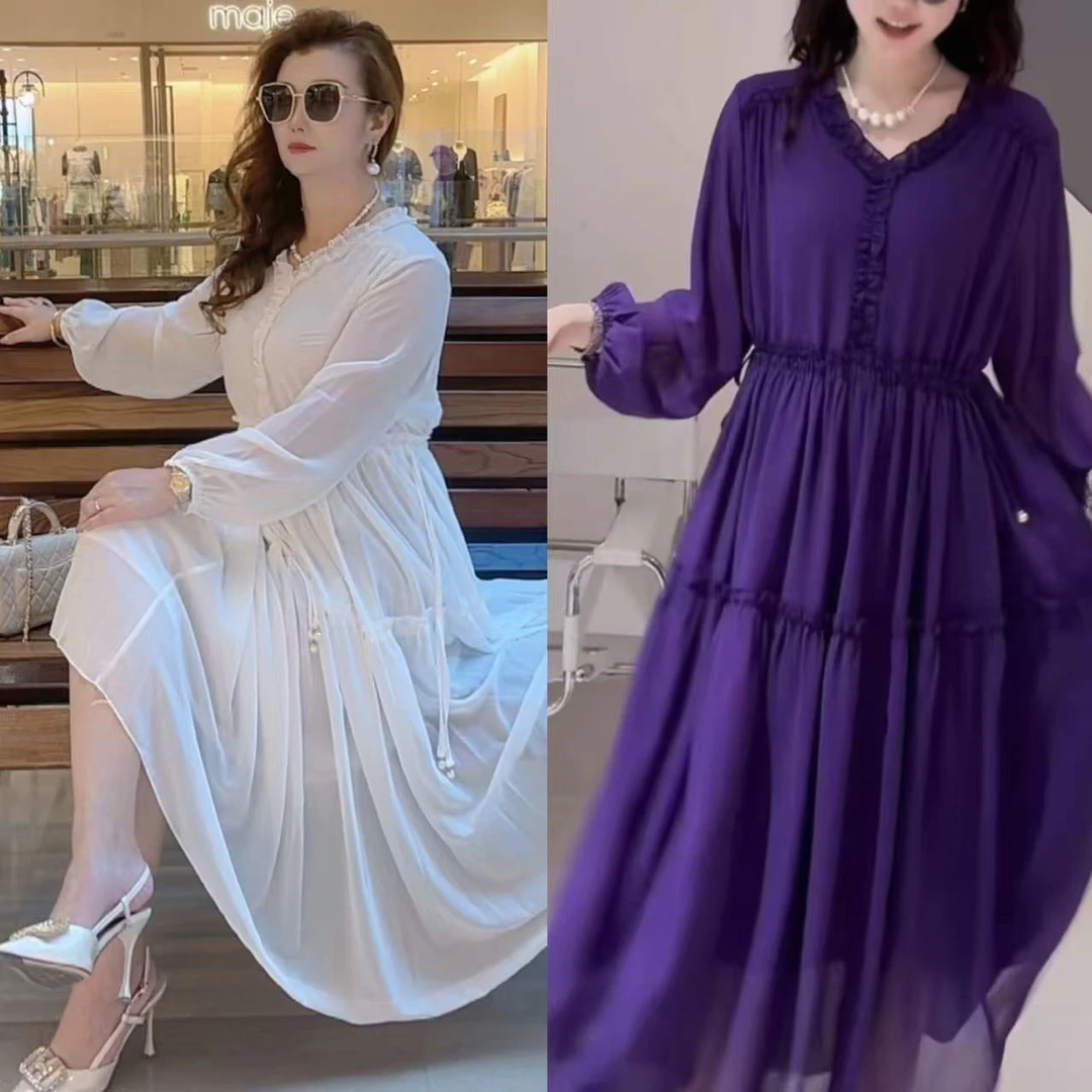 高品雪纺 蛋糕裙 纯色带里衬 飞边领 两侧抽腰绳宽松显瘦