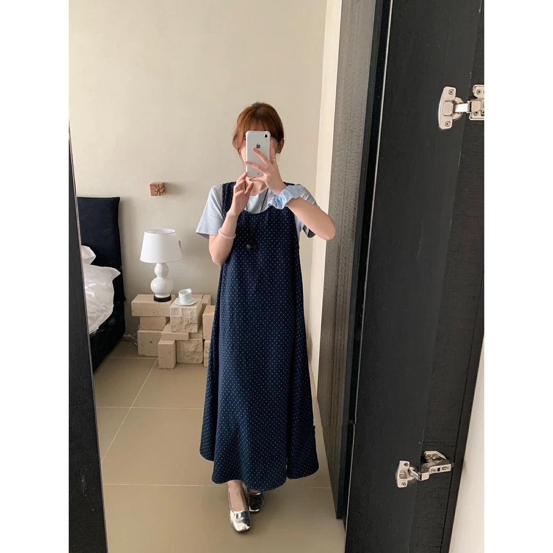 两颗桃  “复古唱片”韩版慵懒感牛仔背心裙