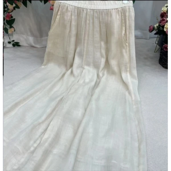 米白色百搭苎麻裤子松紧腰高腰显瘦休闲小个子直筒裤女R0725