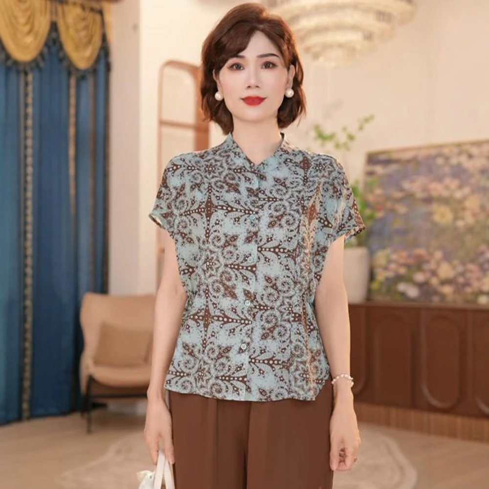 妈妈装薄款小衫2025夏季新款新中式国风复古印花短袖洋气减龄上衣