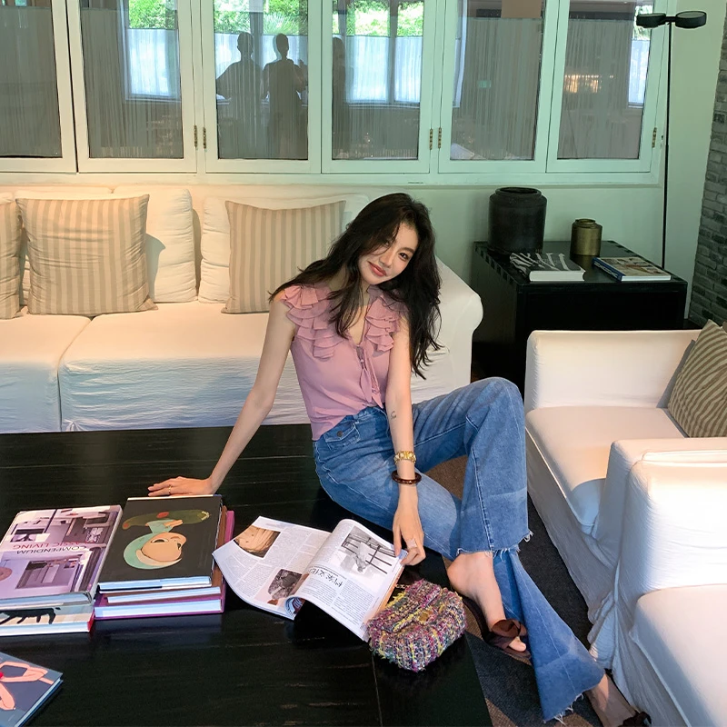 【ALONE SAVOR】龍喜儿 华尔兹 法式优雅V领荷叶边衬衫小衫Z215