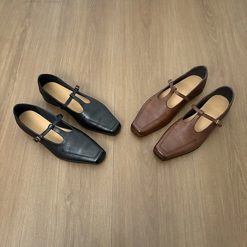 栖屿森~复古小众真皮气质春秋方头女巫鞋浅口玛丽珍新款单鞋女