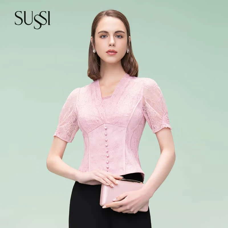 SUSSI/古色24夏商场同款粉色百搭款优雅通勤修身上衣女装