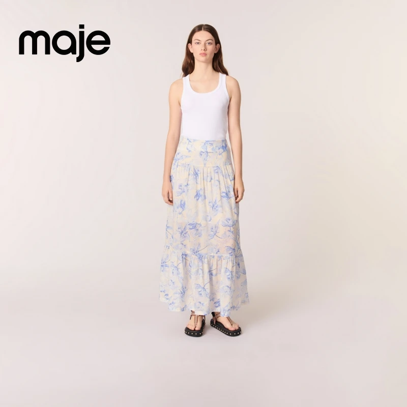 【商场同款】Maje 2025春夏新款女装国风印花长款半身裙MFPJU01435