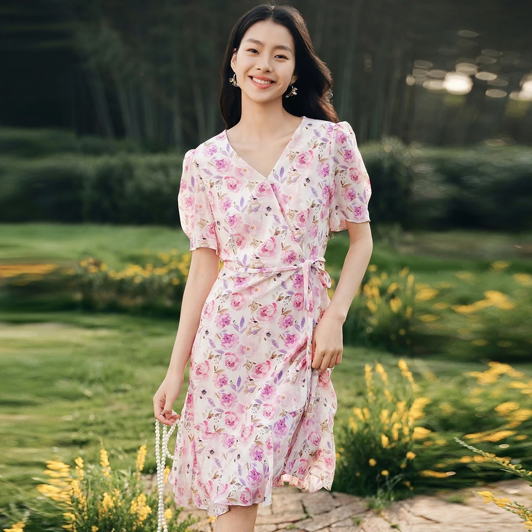 【冬姐精选】珂莱蒂尔夏季桑蚕丝茶歇裙子V领收腰连衣裙KF10855A1