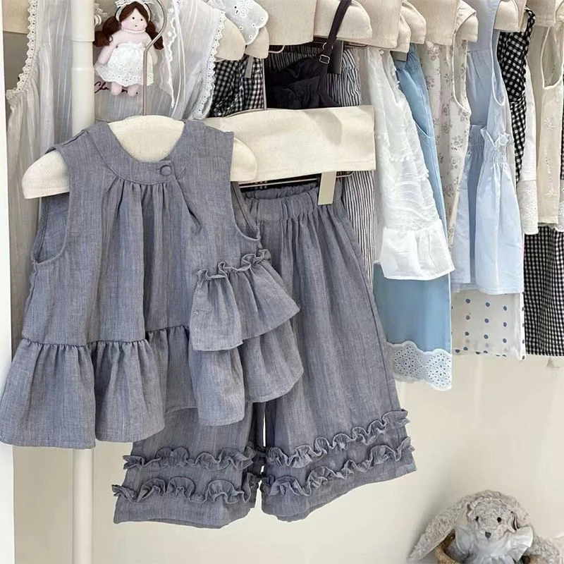 2025夏季儿童荷叶摆无袖衬衫阔腿裤套装女童洋气两件套2555