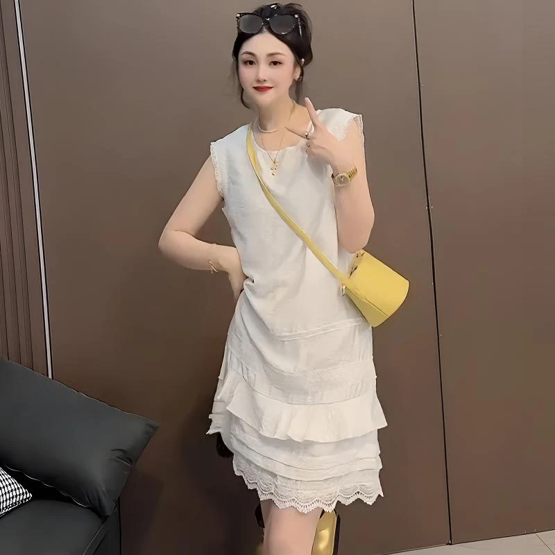 夏季薄款棉麻连衣裙女宽松显瘦中长款花边裙小众气质小包袖款