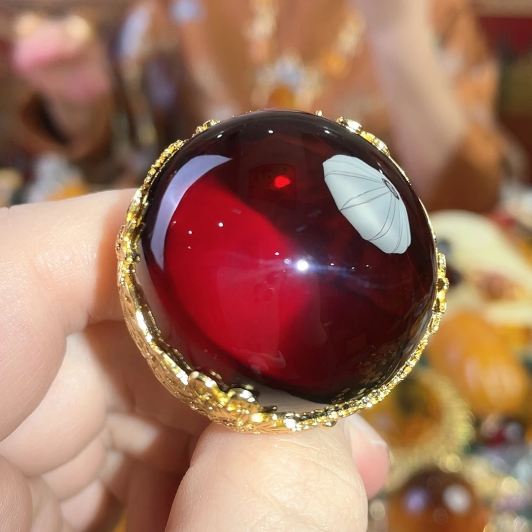 血珀戒指银S925镀金镶嵌42克