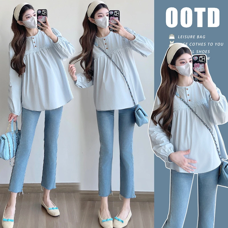 孕妇上衣春季长袖时尚款2025韩版潮妈简约减龄外穿气质娃娃衫春秋