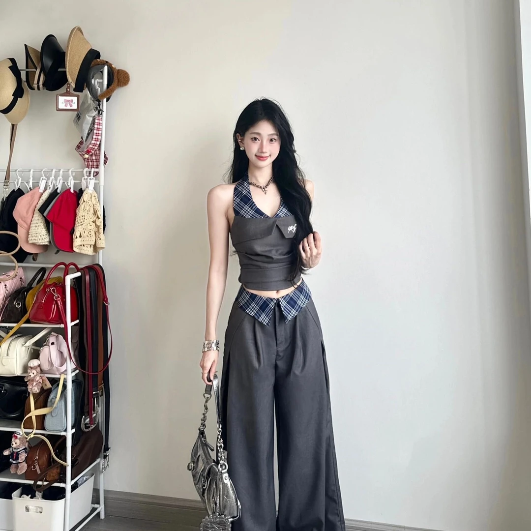 气质名媛高级感穿搭套装女夏新款无袖挂脖纯欲辣妹显瘦长裤两件套