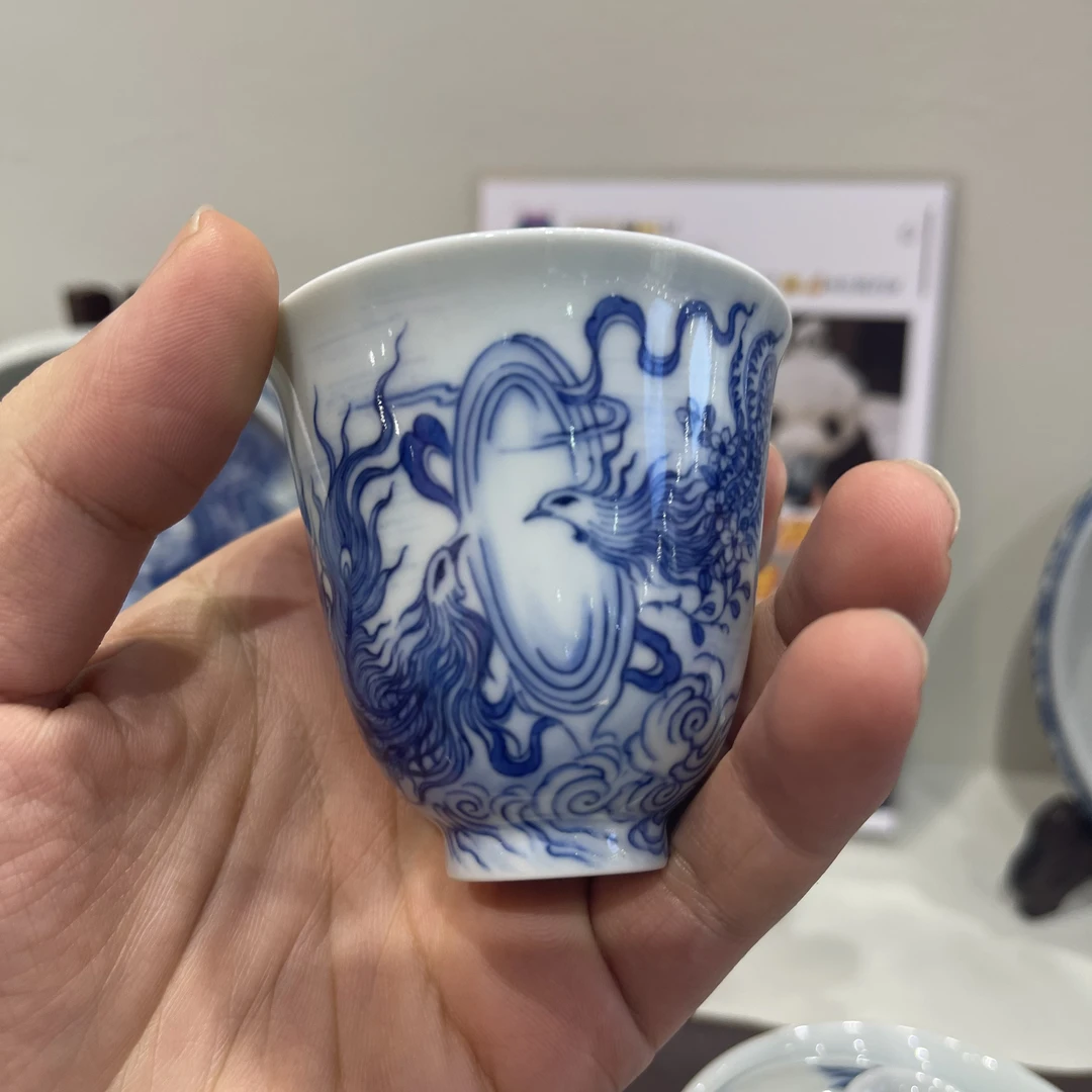钟家窑钟家千年柴窑纯手绘手工陶瓷主人杯青鸾火凤仰钟杯