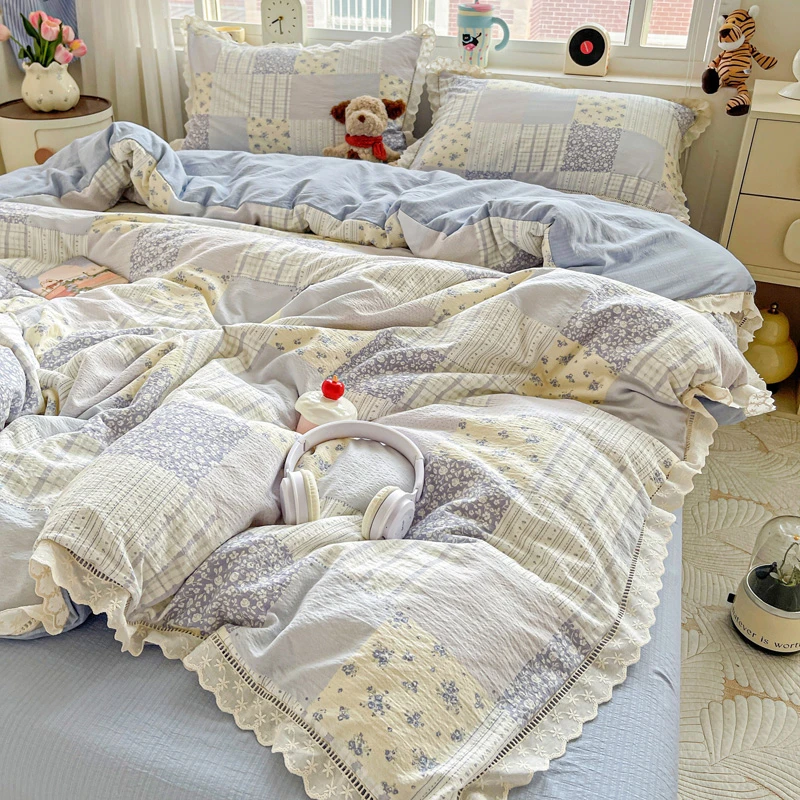 ins全棉双层纱花边四件套床上用品被套学生宿舍a类