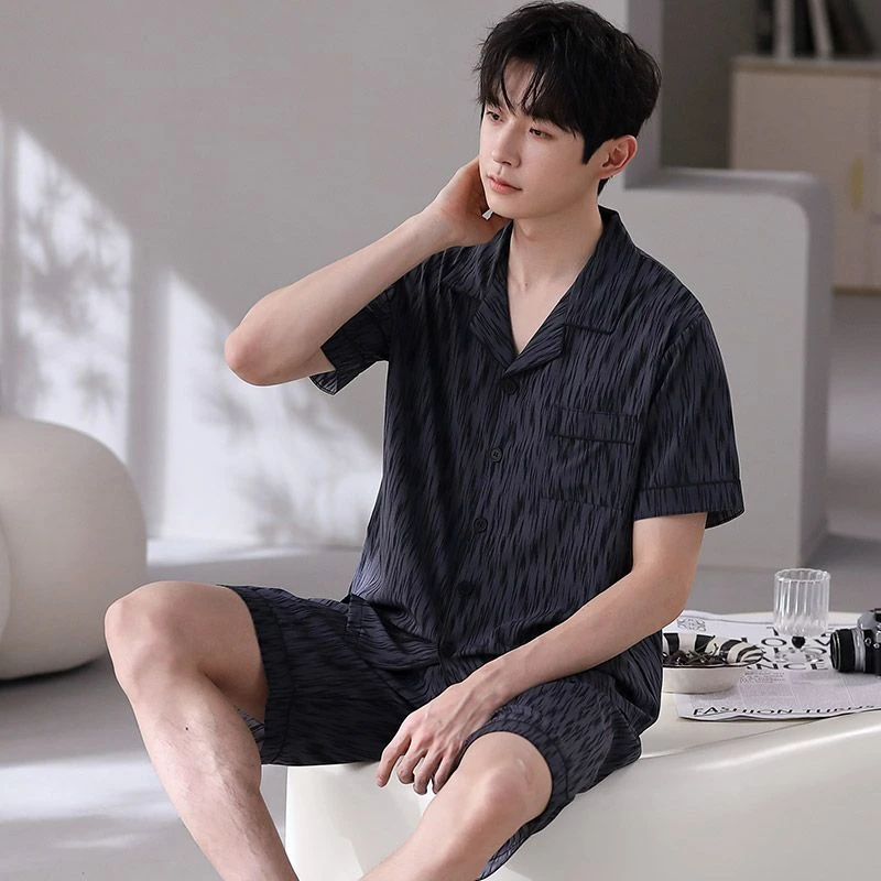 冰丝清凉夏季男士睡衣短袖薄款大码出门可外穿男款家居服
