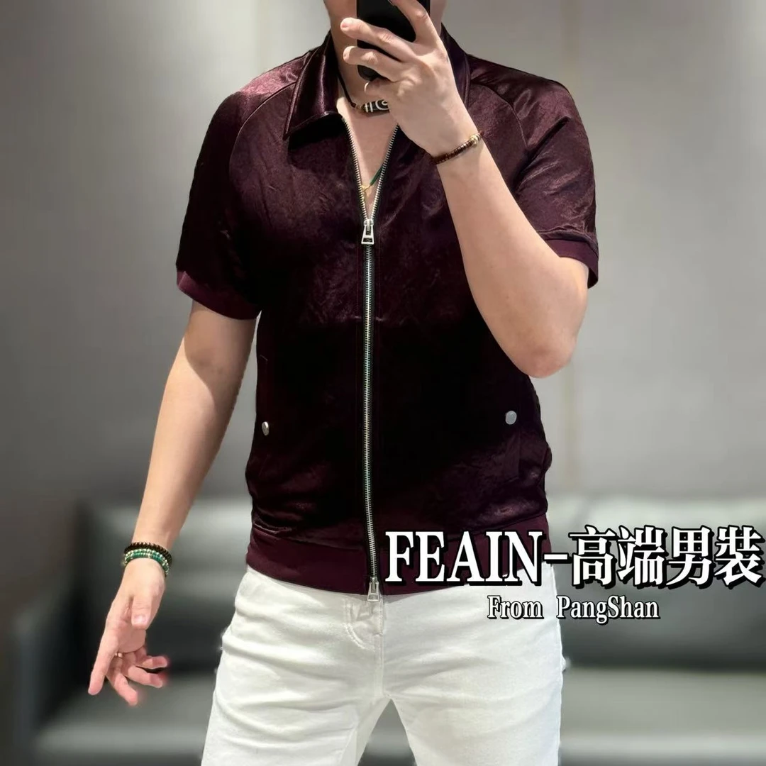 【100%真醋酸】男士手抓大理石纹理上下开拉链夹克式短袖126-2